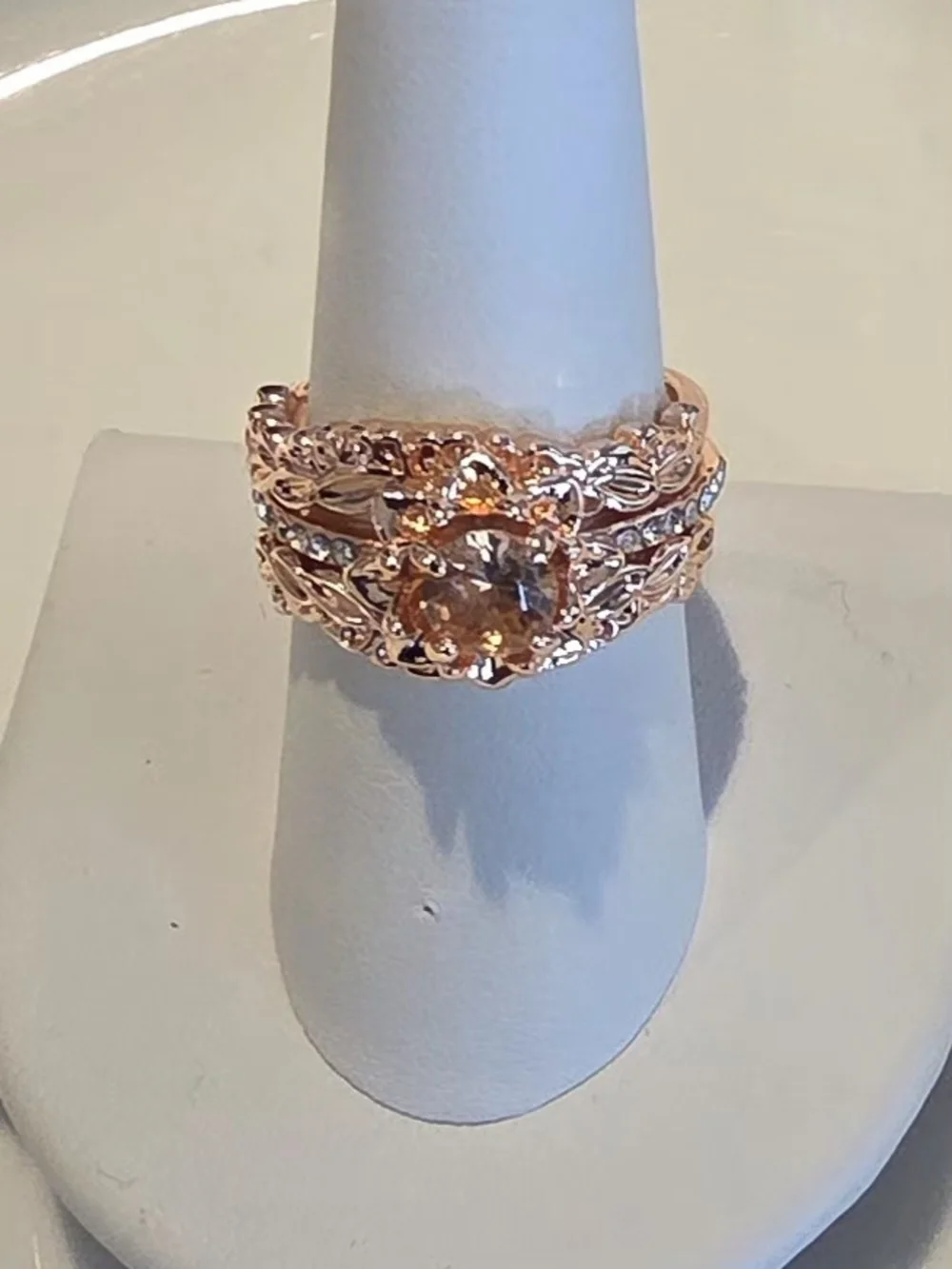 NWT Sterling Silver Rose Gold Floral Ring Set | Size 9 | Champagne CZ | 3-Piece